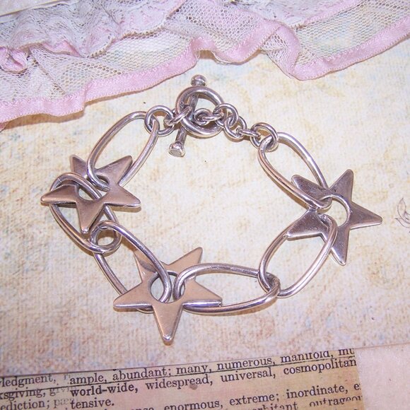 Vintage Sterling Silver Link Bracelet with Stars - 7.25" Wearable - Picture 1 of 7